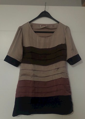 Piliseli Midi Tunik, Kısa Kollu, Bej