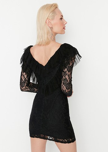 Dantel Detaylı Siyah Mini Gotik Elbise - Görsel 3