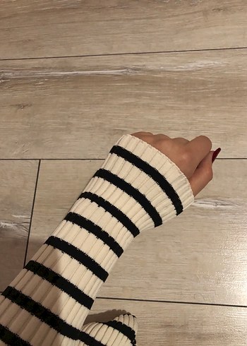 Vatkalı Çizgili Uzun Kollu Triko Kadın Kazak - Görsel 4