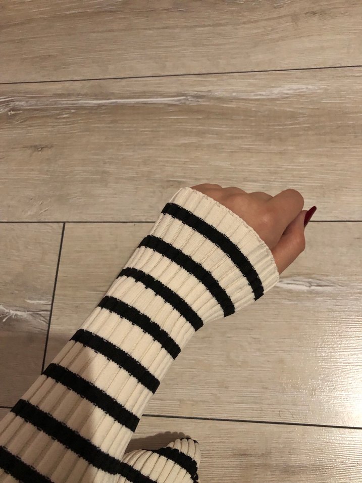 Vatkalı Çizgili Uzun Kollu Triko Kadın Kazak - Görsel 4