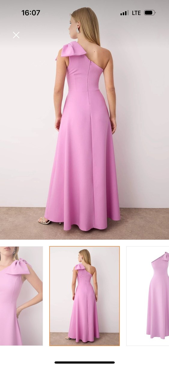 Pembe Uzun Elbise, Kayık Yaka, Dökümlü - Görsel 2