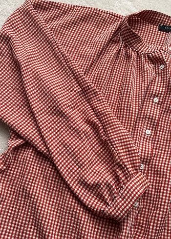 Kadın Kırmızı Düğmeli Keten Gömlek - Görsel 2