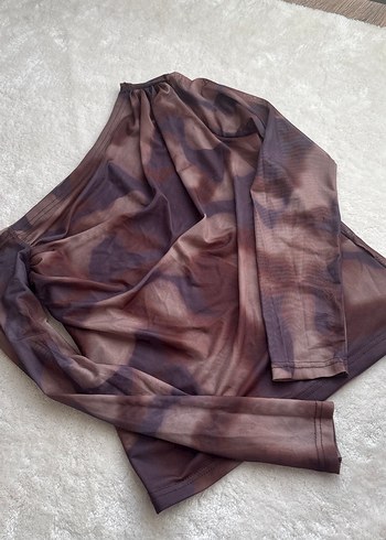 Drapeli V Yakalı Kahverengi Batik Bluz - Görsel 2