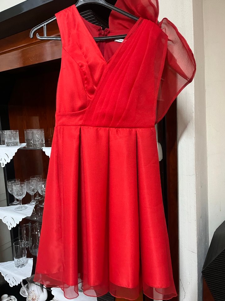 Kırmızı Midi / mini Halter Yaka İşlemeli tül Abiye - Görsel 3