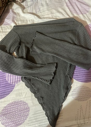 Gri Fitilli Triko Kadın Bluz - Görsel 5