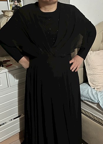 Siyah V Yakalı Uzun Kollu Salaş Elbise - Görsel 6