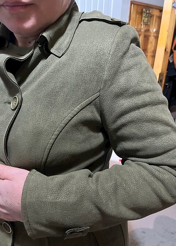 Kadın Uzun Süet Kaban, Düğmeli, Haki - Görsel 6