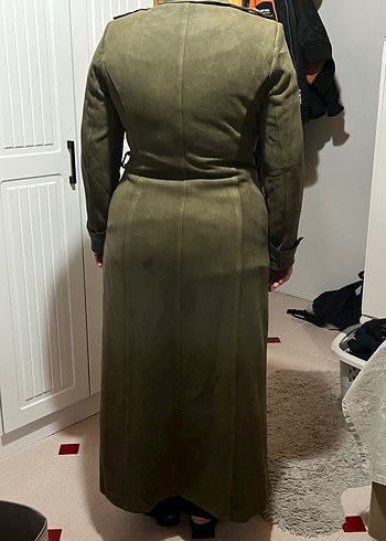 Kadın Uzun Süet Kaban, Düğmeli, Haki - Görsel 4