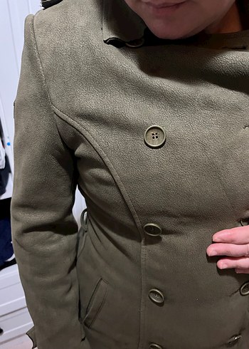 Kadın Uzun Süet Kaban, Düğmeli, Haki - Görsel 2