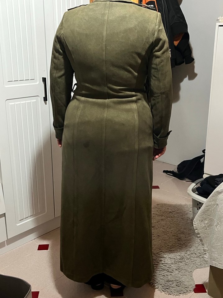 Kadın Uzun Süet Kaban, Düğmeli, Haki - Görsel 4