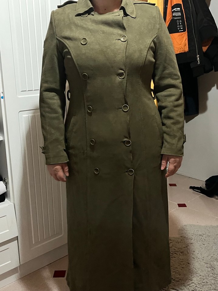 Kadın Uzun Süet Kaban, Düğmeli, Haki - Görsel 3