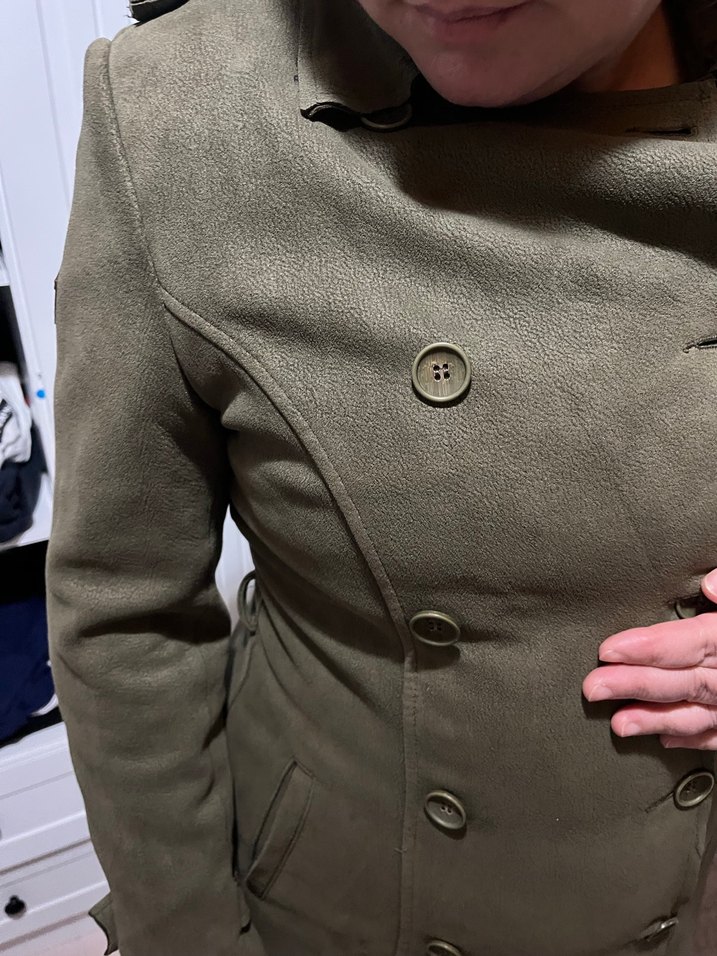 Kadın Uzun Süet Kaban, Düğmeli, Haki - Görsel 2