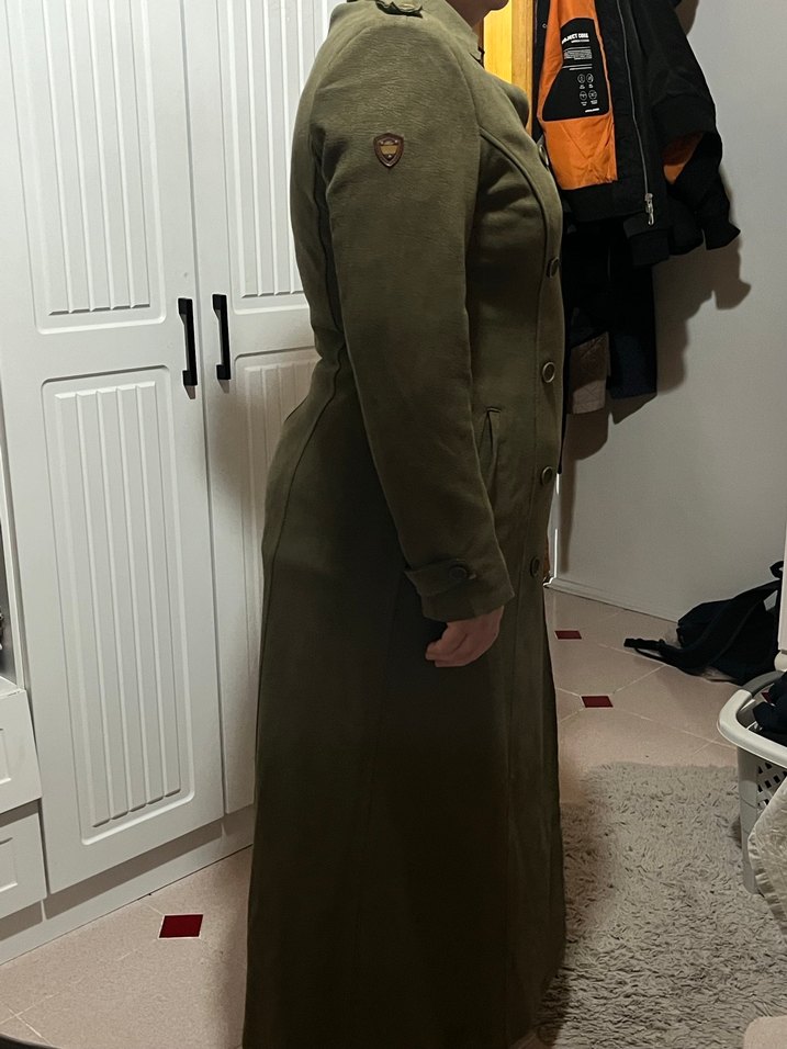 Kadın Uzun Süet Kaban, Düğmeli, Haki - Görsel 5