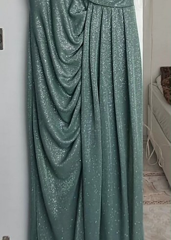 su yeşili  Drapeli Uzun Abiye Elbise - Görsel 2