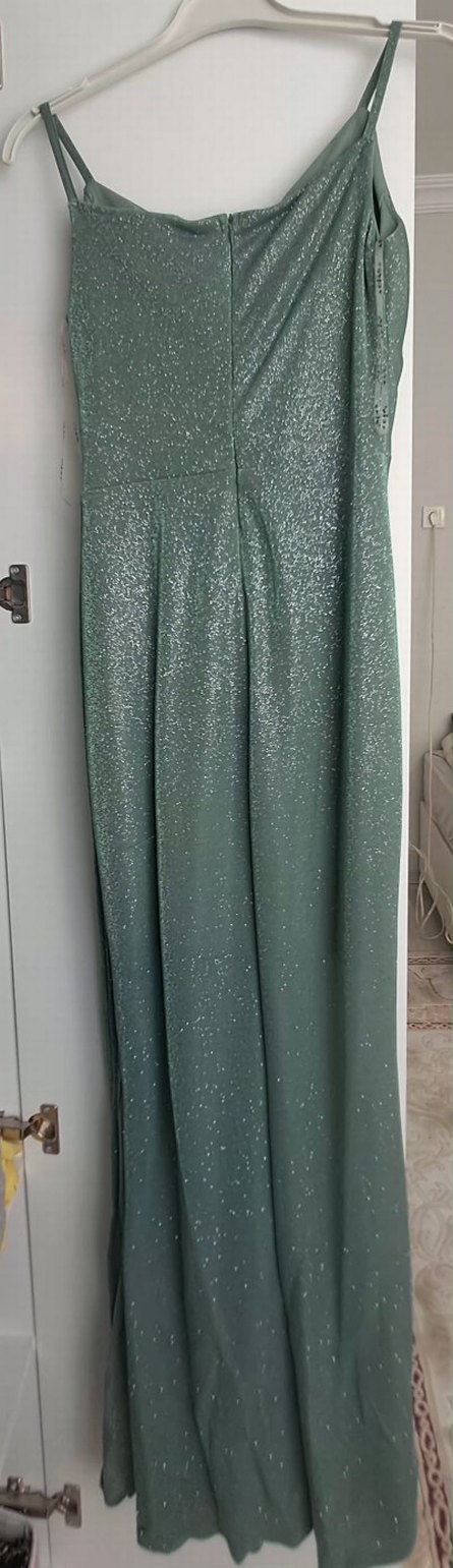 su yeşili  Drapeli Uzun Abiye Elbise - Görsel 3