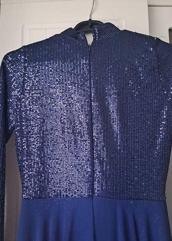 Mavi Parlak Tüy Detaylı Uzun Abiye Elbise - Görsel 6