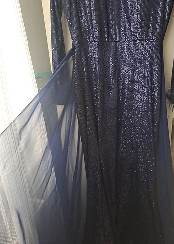 Mavi Parlak Tüy Detaylı Uzun Abiye Elbise - Görsel 4