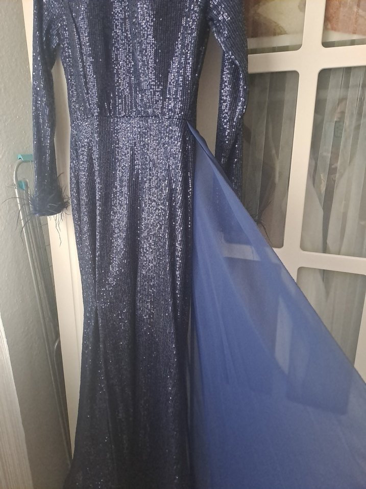 Mavi Parlak Tüy Detaylı Uzun Abiye Elbise - Görsel 3