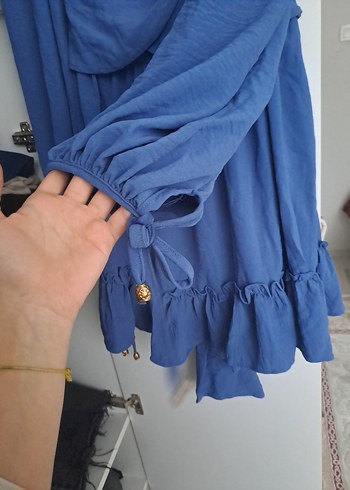 Mavi Uzun Kollu, Fırfırlı Bohem Elbise - Görsel 3