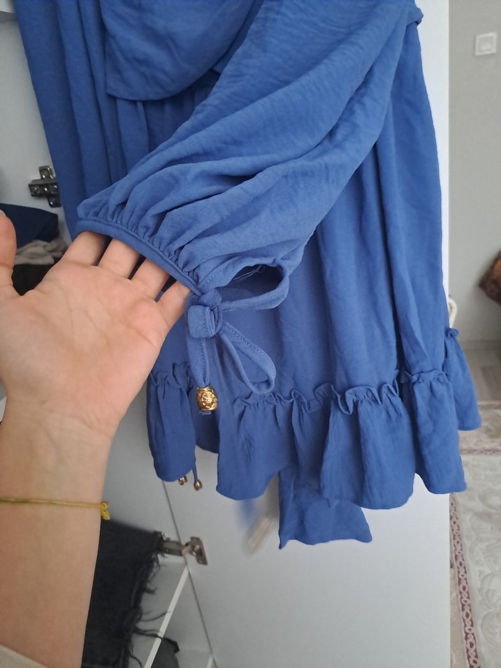 Mavi Uzun Kollu, Fırfırlı Bohem Elbise - Görsel 3