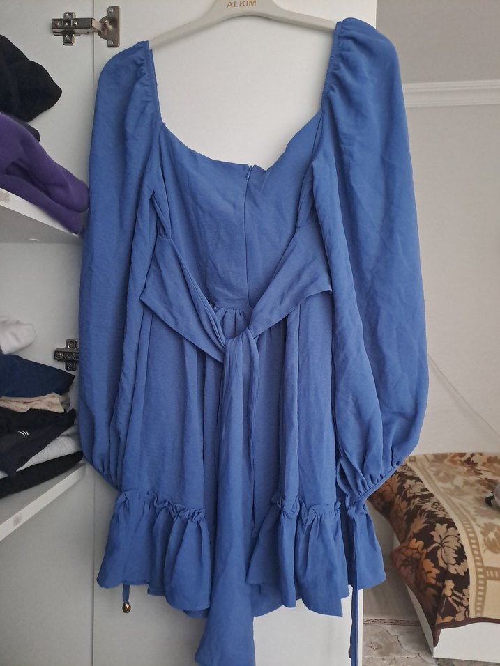 Mavi Uzun Kollu, Fırfırlı Bohem Elbise - Görsel 4