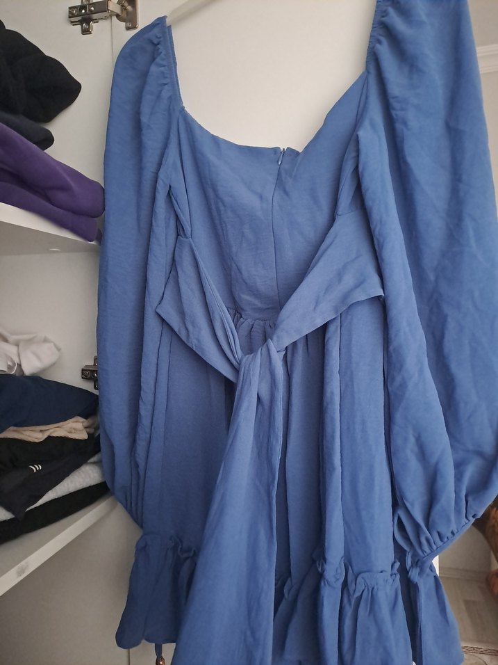 Mavi Uzun Kollu, Fırfırlı Bohem Elbise - Görsel 5