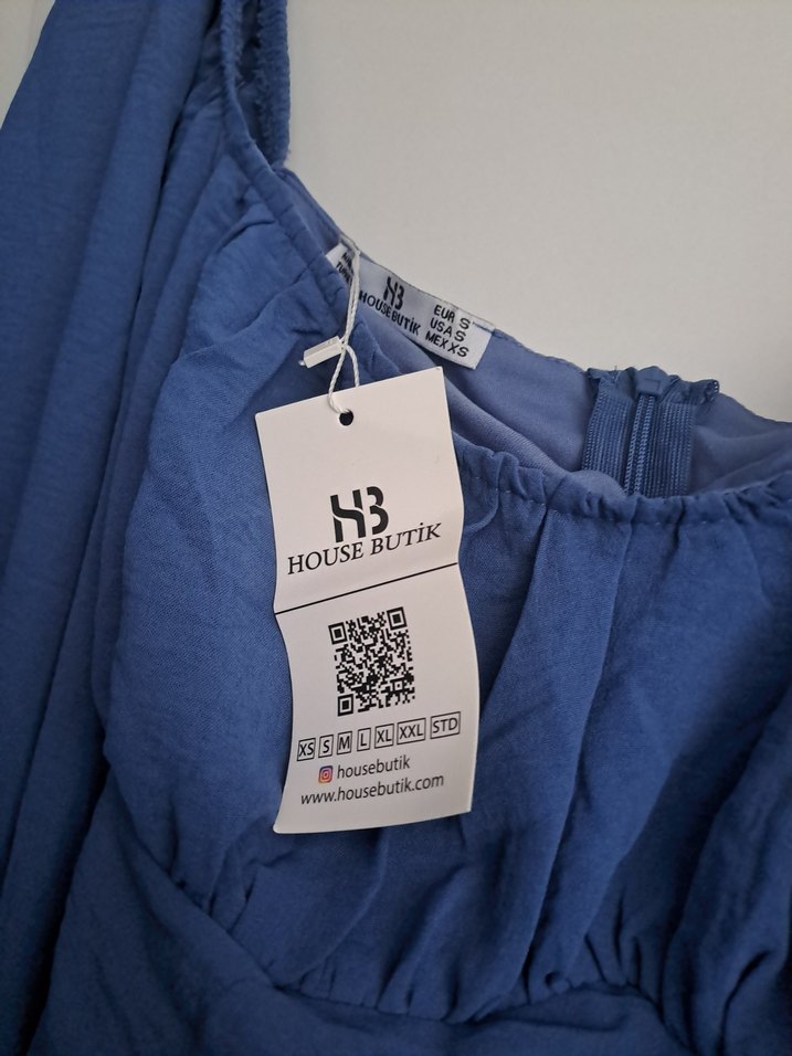 Mavi Uzun Kollu, Fırfırlı Bohem Elbise - Görsel 2