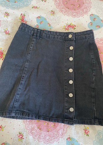 Düğmeli Siyah Denim Mini Etek - Görsel 2