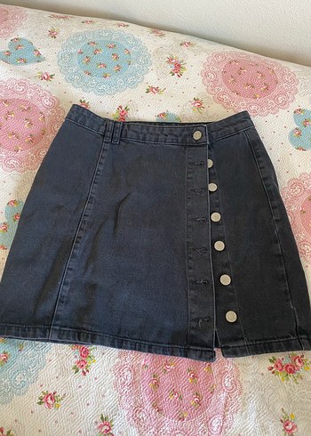 Düğmeli Siyah Denim Mini Etek