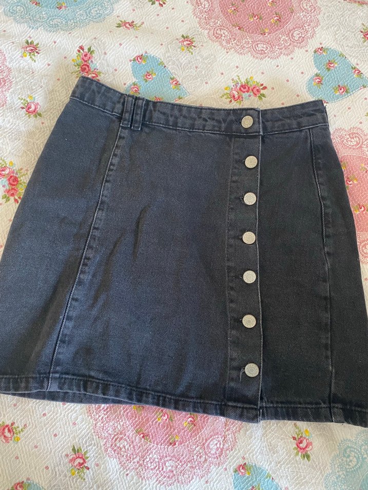 Düğmeli Siyah Denim Mini Etek - Görsel 2