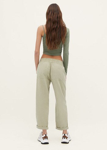 Düğmeli Haki Keten Kadın Pantolon - Görsel 6