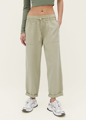 Düğmeli Haki Keten Kadın Pantolon - Görsel 5