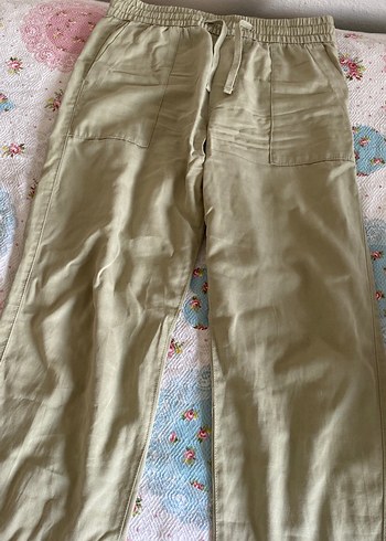 Düğmeli Haki Keten Kadın Pantolon - Görsel 2