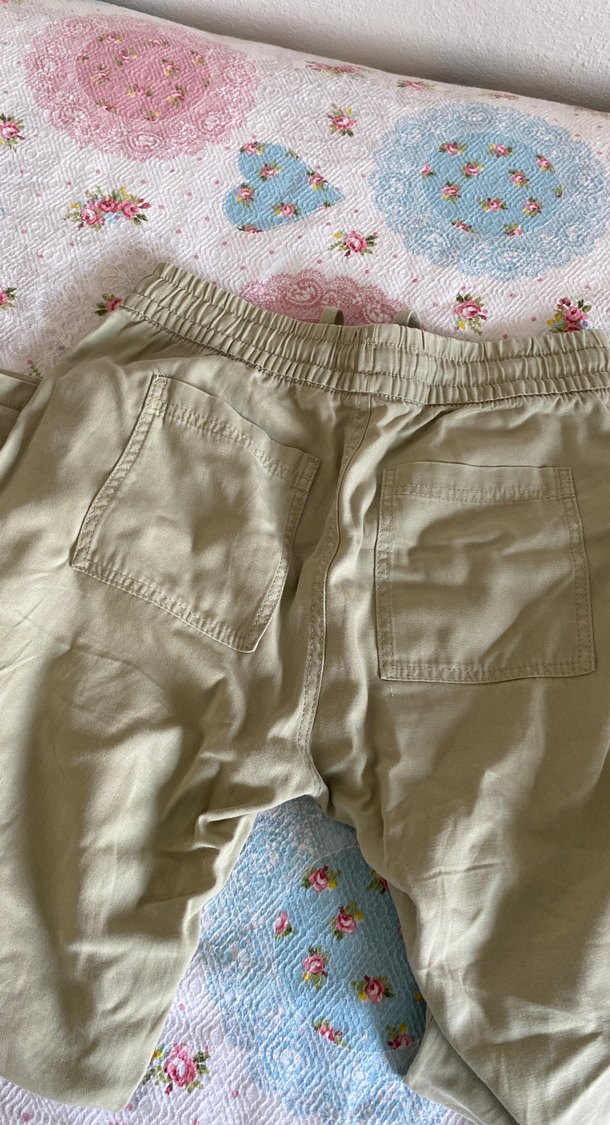 Düğmeli Haki Keten Kadın Pantolon - Görsel 4