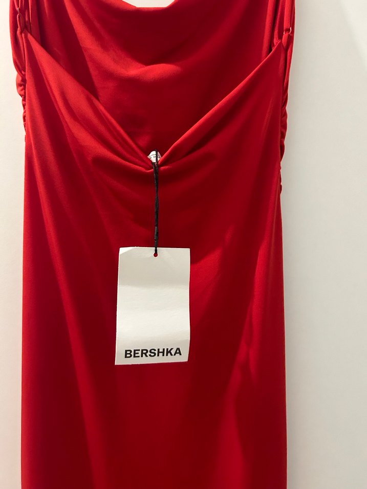Bershka Kırmızı Uzun Drapeli Askılı Elbise - Görsel 3
