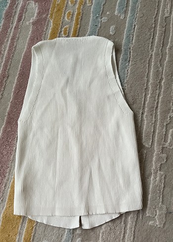 Kadın Beyaz Keten Düğmeli V Yaka Yelek - Görsel 3