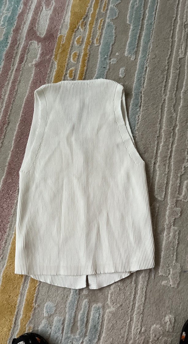 Kadın Beyaz Keten Düğmeli V Yaka Yelek - Görsel 3