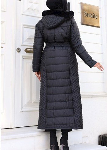 Siyah Kemerli Uzun Kadın Kışlık Mont - Görsel 2