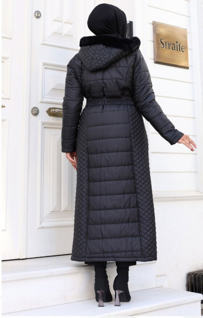 Siyah Kemerli Uzun Kadın Kışlık Mont - Görsel 2