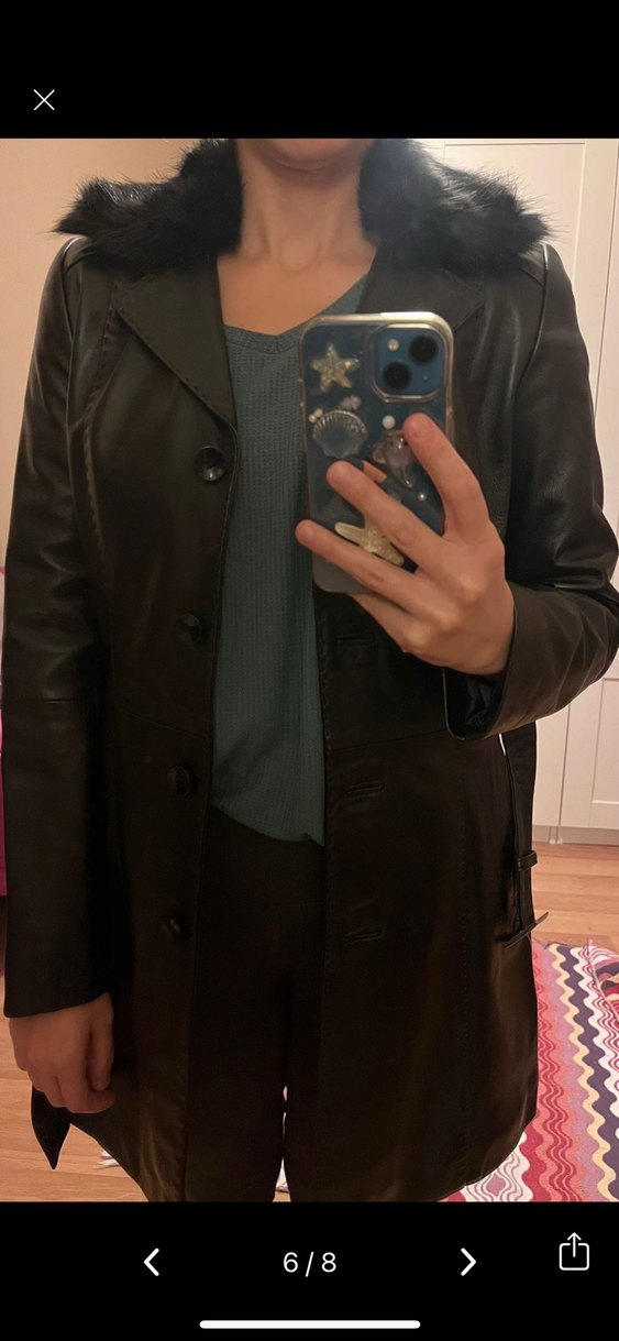 Deeimod Kürklü Siyah Deri Kadın Ceket - Görsel 5