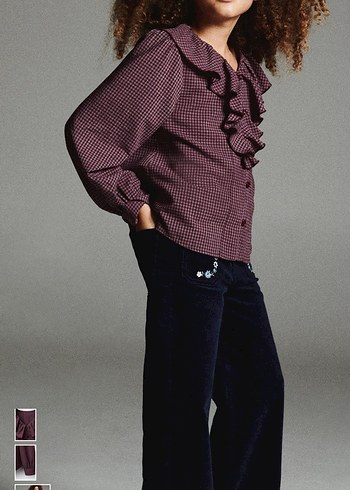 Zara Bordo Fırfırlı Kareli Kız Gömlek - Görsel 4