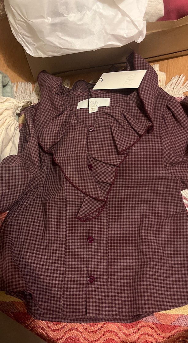 Zara Bordo Fırfırlı Kareli Kız Gömlek - Görsel 5