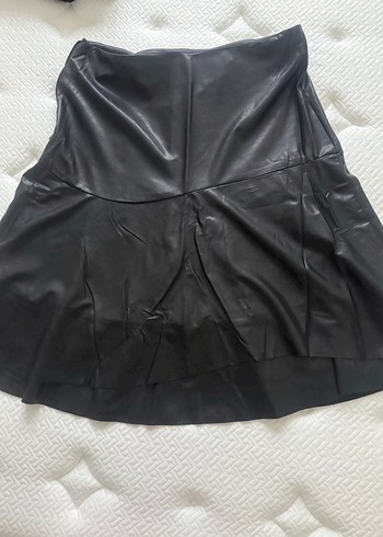 Drapeli Siyah Deri Midi Etek - Görsel 2