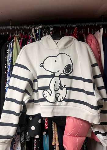 Snoopy Baskılı Gri Çizgili Kadın Sweatshirt