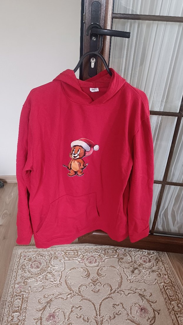 Kırmızı Kapüşonlu Kadın Sweatshirt - Görsel 3
