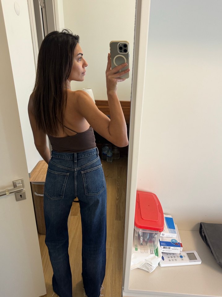 Koyu Mavi Uzun Boy Rahat Kesim Kadın Kot Pantolon - Görsel 3