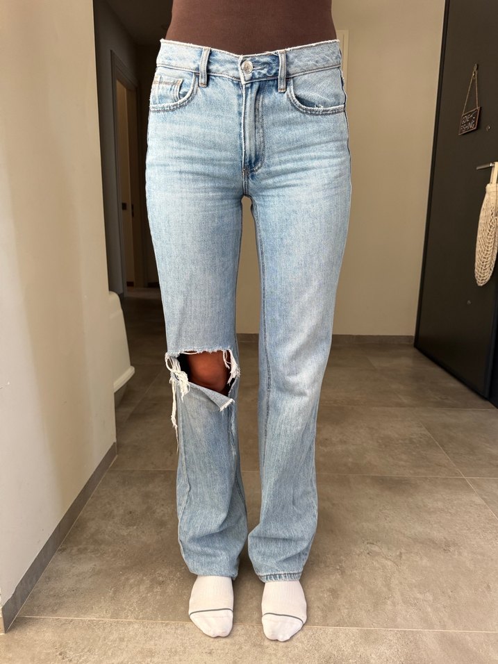 Yırtık Detaylı Buz Mavi Kadın Straight Denim Pantolon - Görsel 2