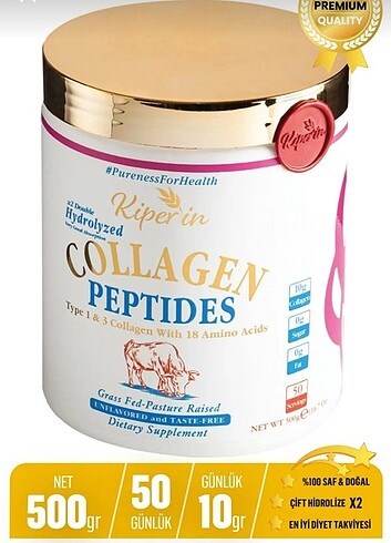 Kiperin collagen saf ve doğal yüksek biyoaktif çift hidrolize