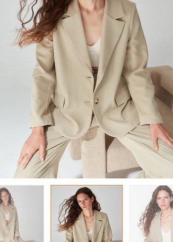 s Beden Bej Düğmeli Kadın Midi Blazer Ceket