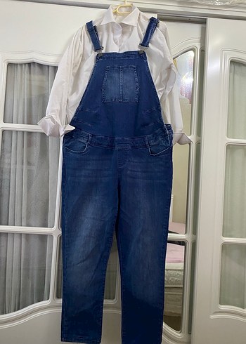 Mavi Kot Midi Bol Kesim Kadın Salopet - Görsel 2